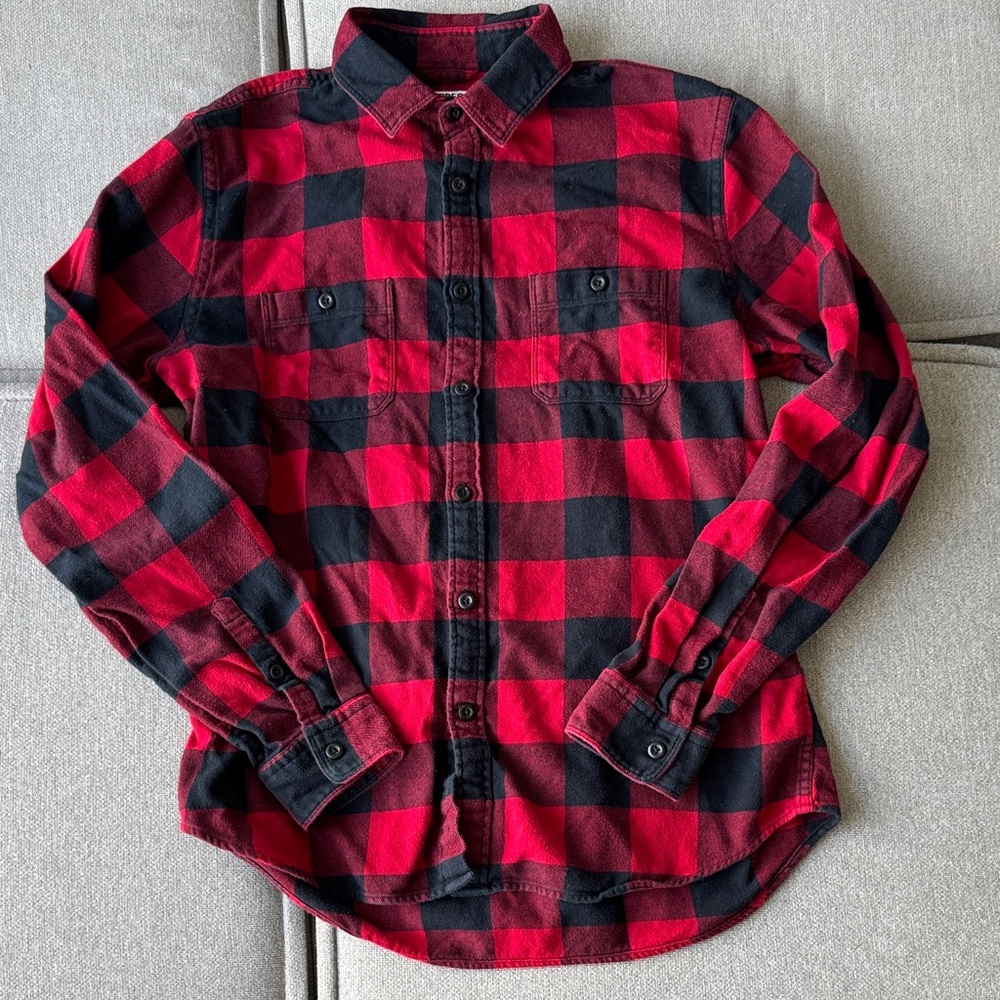 Express Men's Flannel Red and Black Plaid Shirt